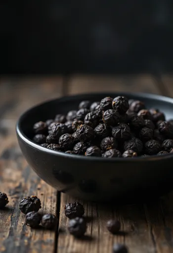 Hela svartpepparkorn i träskål och utspridda