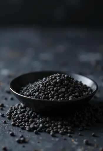 hela svarta senapsfrön på träyta i liten skål