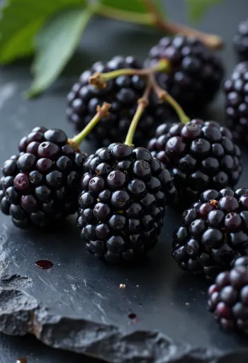 Färska svarta mullbär (Morus nigra), delade och hela