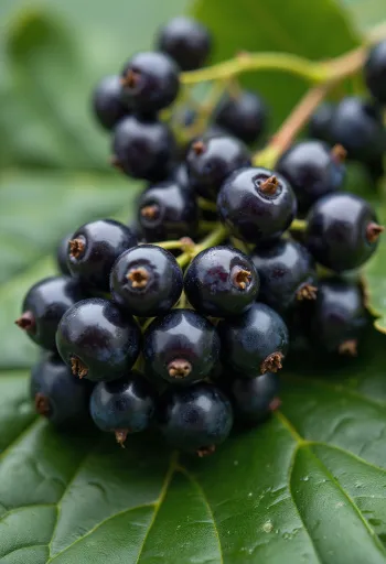 Färska svarta vinbär i en skål på ett träbord med hemlagad sylt