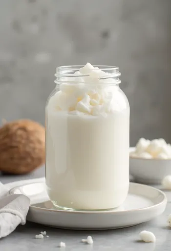 Neutral kokosolja i skål, bredvid vit riven kokos