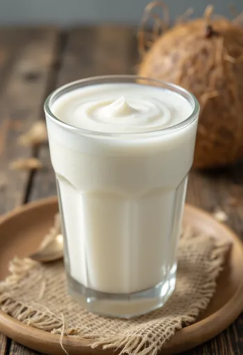 Färskpressad kokosmjölk i liten glasskål, ljus bakgrund