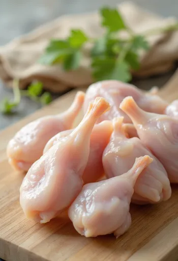 Färska bitar av vaktelkött med kryddor på en träbräda, med rosmarin och timjan