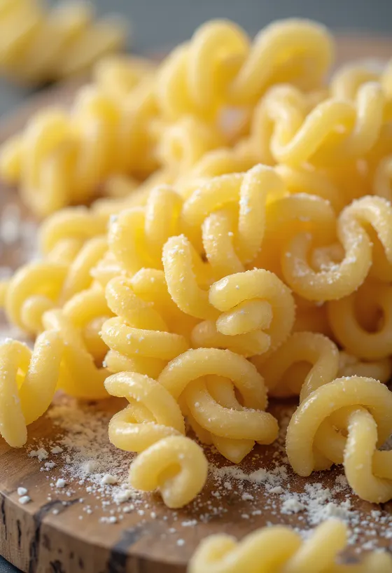 Torkad fusillipasta i spiralform på träbord