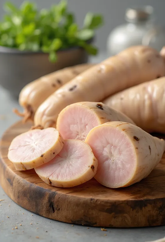 Färsk galangarot skivad och hel i skål