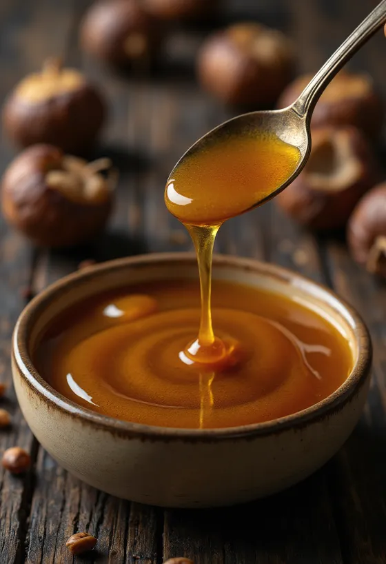 Mörk kastanjehonung i burk med honungssked och blommor