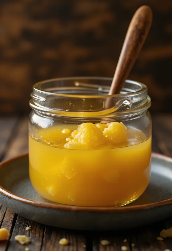 Ghee klarnat smör i glasburk med sked