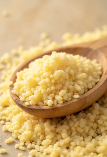 Okokta mannagryn, även kallat vetegryn, i en rustik skål på en träyta