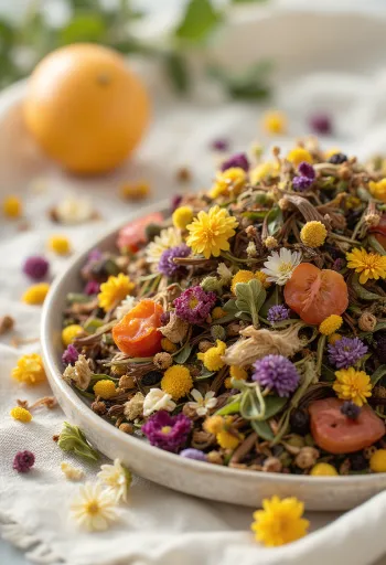 Örtte blandning i lösvikt i skål och på träsked