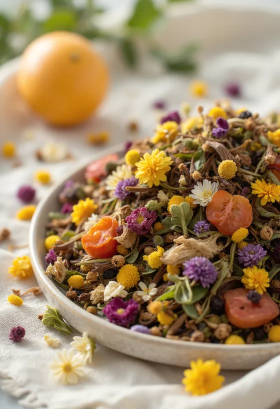 Örtte blandning i lösvikt i skål och på träsked