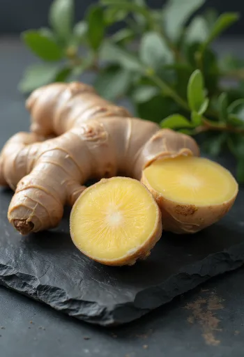 Färsk ingefära och skivad ingefära på en skärbräda