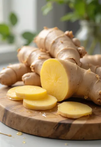 Färsk ingefära, hel rot och riven i skål