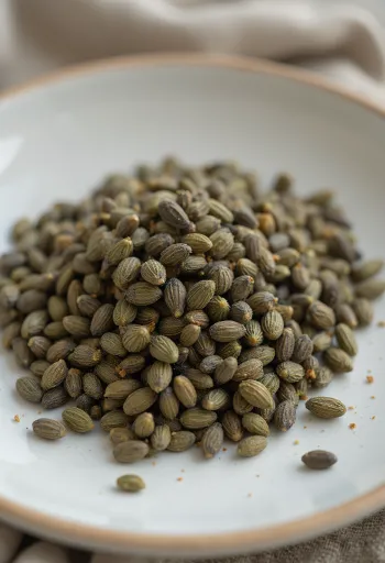 Oskalade hampafrön i närbild, utspridda på ljus yta