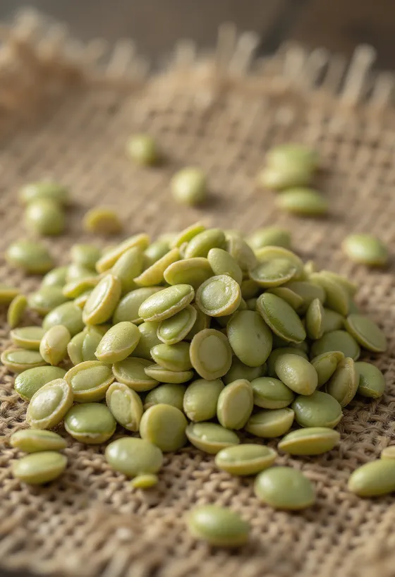 Skalade hampafrön i närbild, utströdda på ljus yta