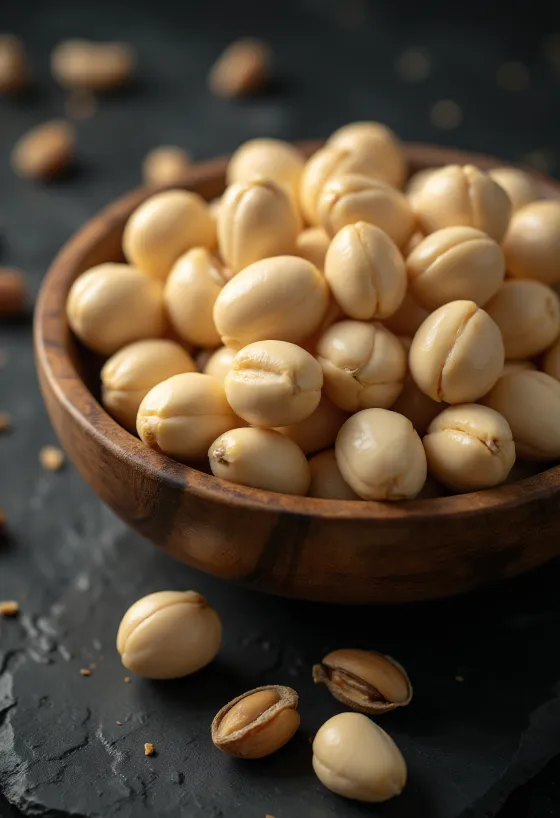 Skalade makadamianötter i hög, vit bakgrund