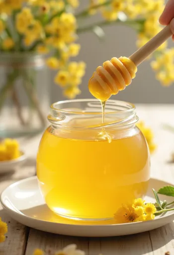 Lindblomshonung i burk med honungssked och lindblommor