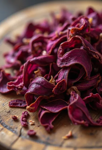 Torkade hibiskusblommor i skål och på sked