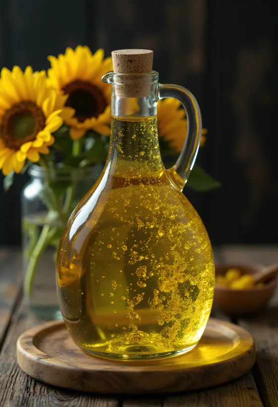 Kallpressad solrosolja i liten glasskål, med solrosfrön och kronblad