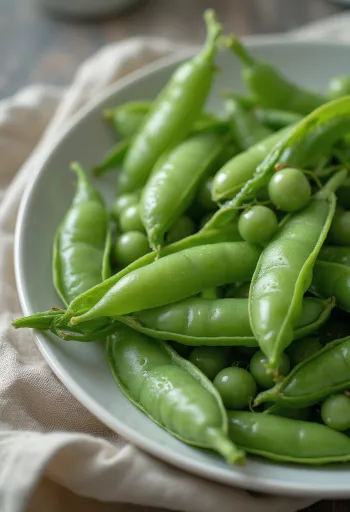 Färska sockerärtsbaljor och öppnade ärter på rustik yta