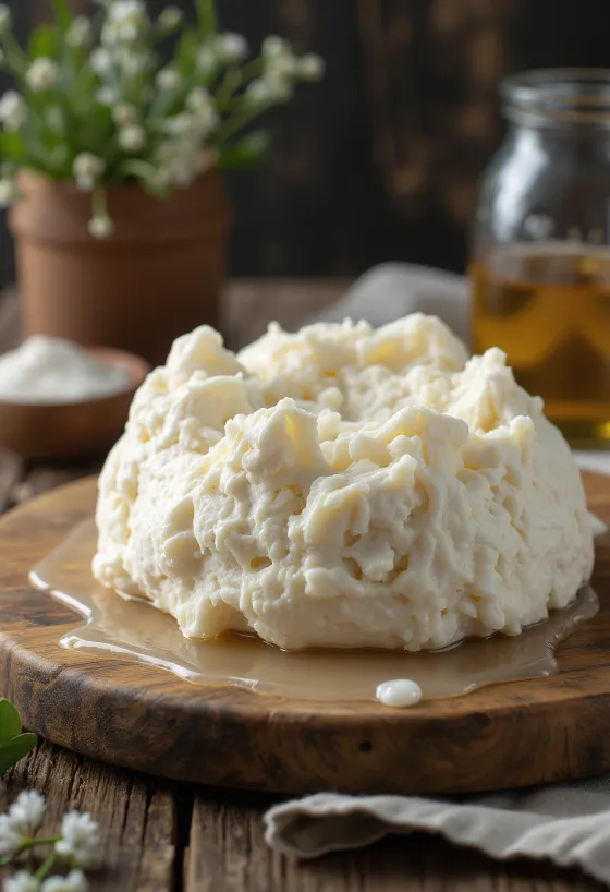 Färsk fårgomolyaost skivad på skärbräda av trä