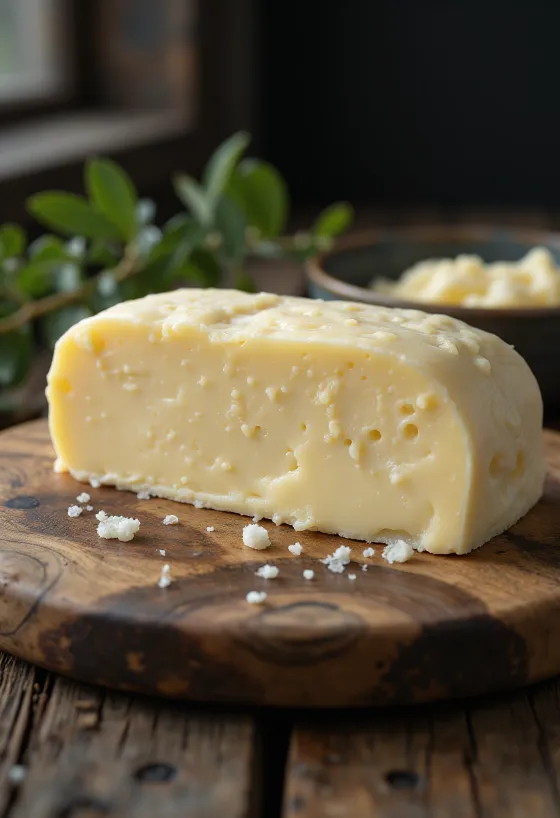 Fårsmör i liten skål, krämig konsistens på rustik träyta