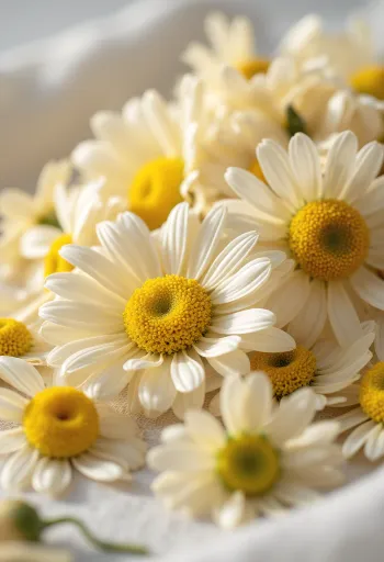 Torkade kamomillblommor i skål och utspridda på köksbänk, med träsked