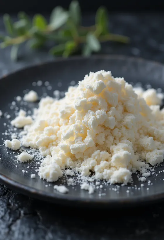 Karragenanpulver i burk och på sked på ljus yta