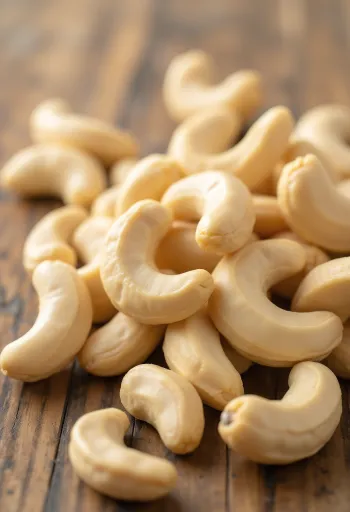 Cashewkärnor i träskål och utströdda på ljus yta