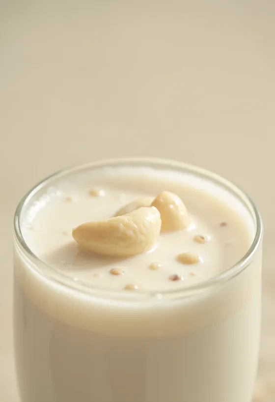 Cashewmjölk upphälld i glas, bredvid cashewnötter i skål och utströdda på bänken