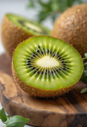 Färsk kiwi skivad och hel, i skål och på bord, glas med kiwijuice