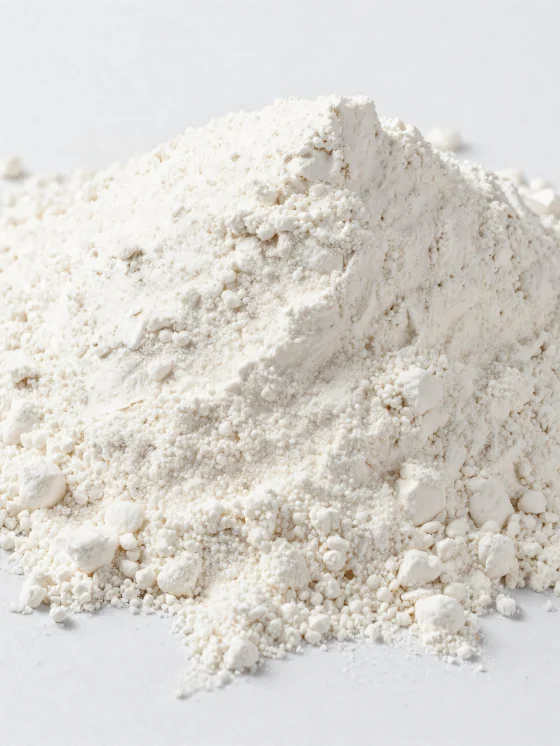 Kokosmjöl i en keramikskål, ljust pulver med fin textur på en träyta