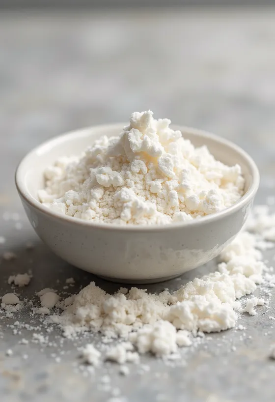 Kokosmjölkspulver i skål och utspritt på köksbänk