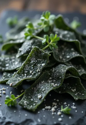 Torkade kombualgblad på träyta, med blötlagd kombu i en liten skål