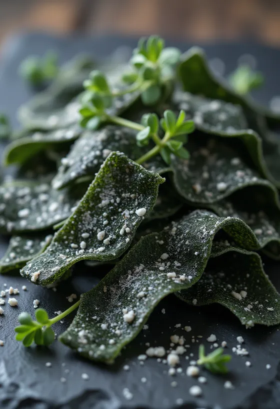 Torkade kombualgblad på träyta, med blötlagd kombu i en liten skål