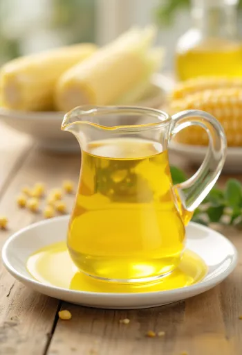 Majsolja i glasflaska, med majskorn och majsgryn