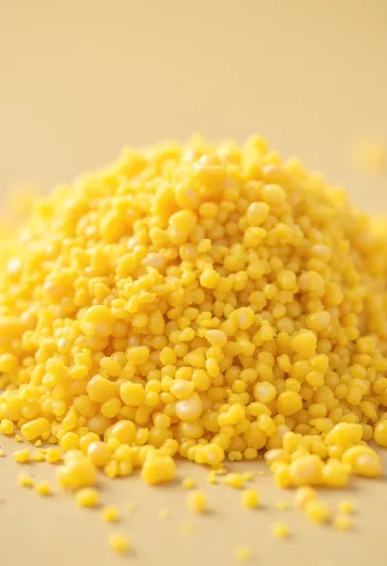 Råa majsgryn i rustik skål, utspridda på träyta