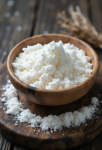 Majsstärkelse i skål, med träslev, som ingrediens