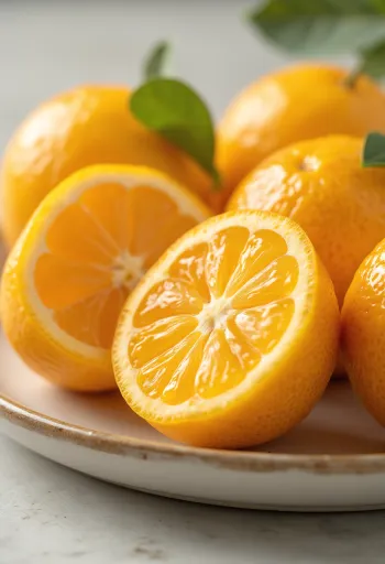 Hel och skivad kumquatfrukt med orange skal och klyftor på träyta