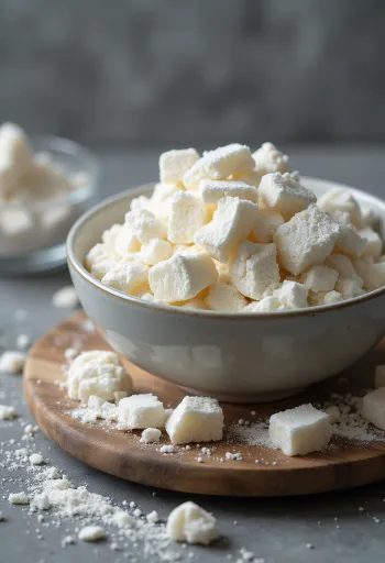 Kuzustärkelsepulver i keramikskål och träslev, bredvid rotskivor