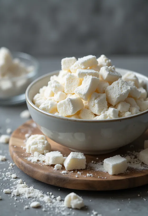 Kuzustärkelsepulver i keramikskål och träslev, bredvid rotskivor