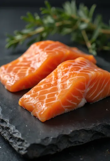 Färska laxfiléer med citron, dill och peppar på skärbräda av trä