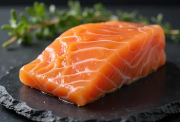 Färska laxfiléer med citron, dill och peppar på skärbräda av trä