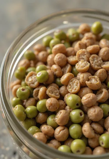 Olika sorters linser i keramikskålar på ett träbord