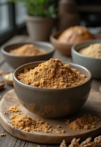 Linfrömjöl i keramikskål, med träslev och utspritt på träyta