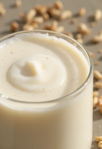 Linfrömjölk upphälld i ett glas, bredvid guld- och brunlinfrön i skål