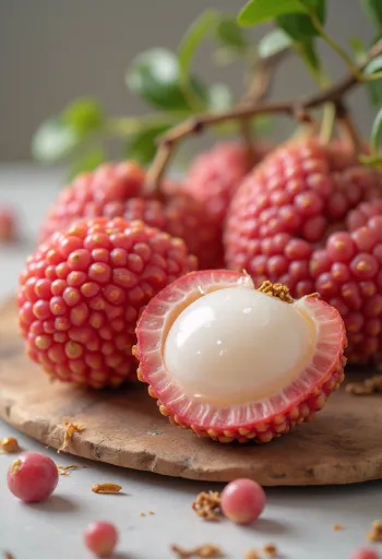 Uppskuren och hel litchi med vitt kött och brun kärna på rustik träyta