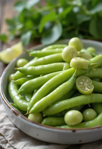 Färska bondbönsbaljor och spritade bönor på rustik yta
