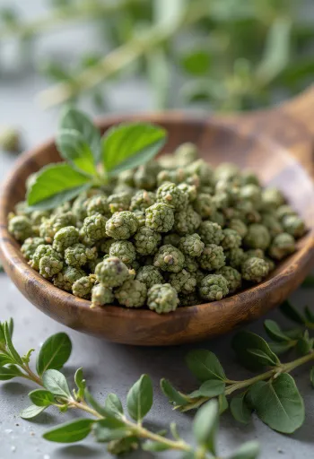 Mald och torkad mejram i köksmiljö