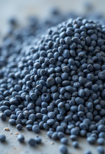 Vallmofrön i keramikskål och utspridda på ljus yta