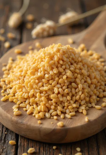 Malt som råvara: mältat korn och maltpulver i träskål och utspritt på köksbänk